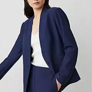 Ann Taylor Navy Bi-Stretch Suit Set – Cutaway Blazer + Seamed Pencil Skirt – 14P